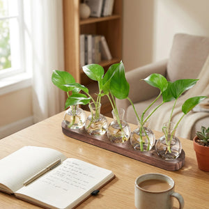 Vases à bouturage en verre sur une table basse avec carnet et tasse de café