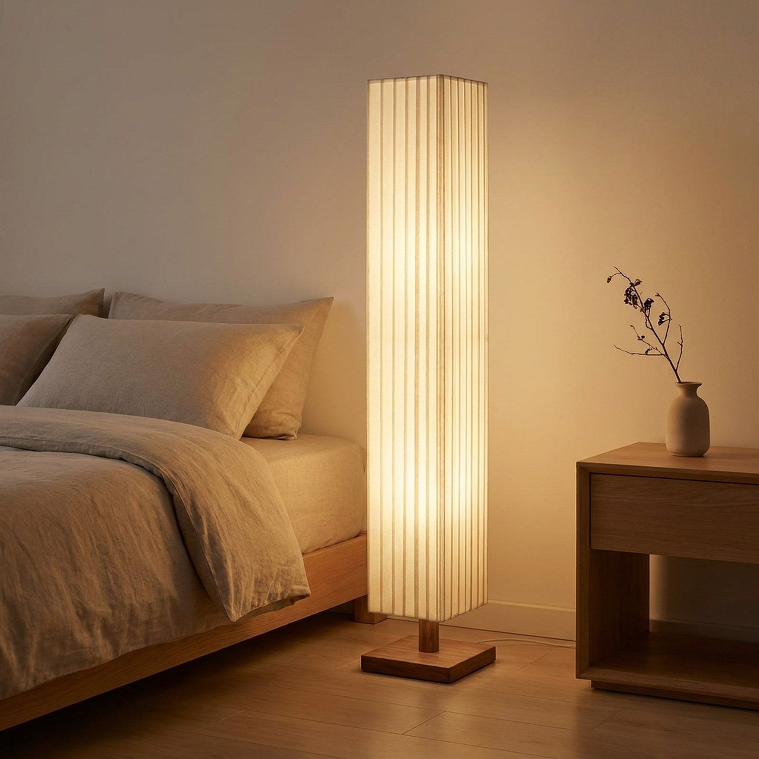Lampadaire sur pied allumé à côté d'un lit dans une chambre épurée