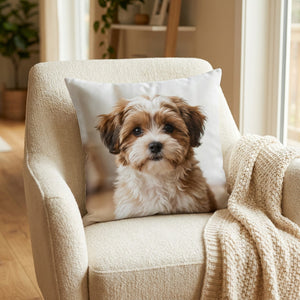 Coussin personnalisé imprimé avec la photo d un chien posé sur un fauteuil