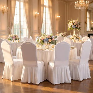 Rangée de chaises habillées de housses blanches autour d'une table de mariage dressée