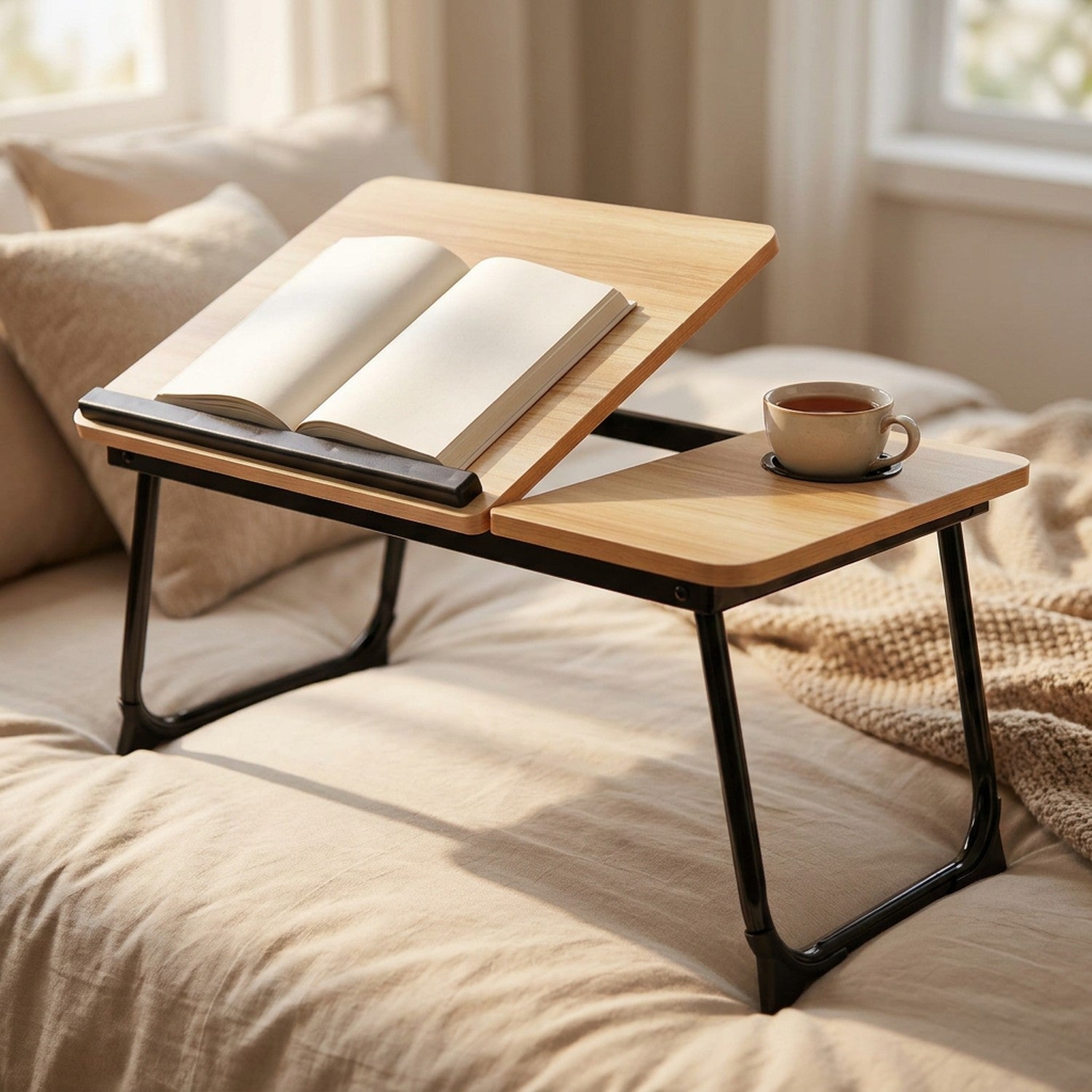 Table de lit en bambou avec un livre ouvert et une tasse de thé dans le porte-gobelet sur un lit