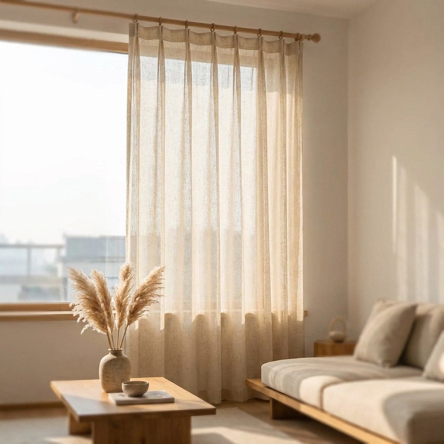 Voilage effet lin dans un salon minimaliste avec canapé et vase de pampas