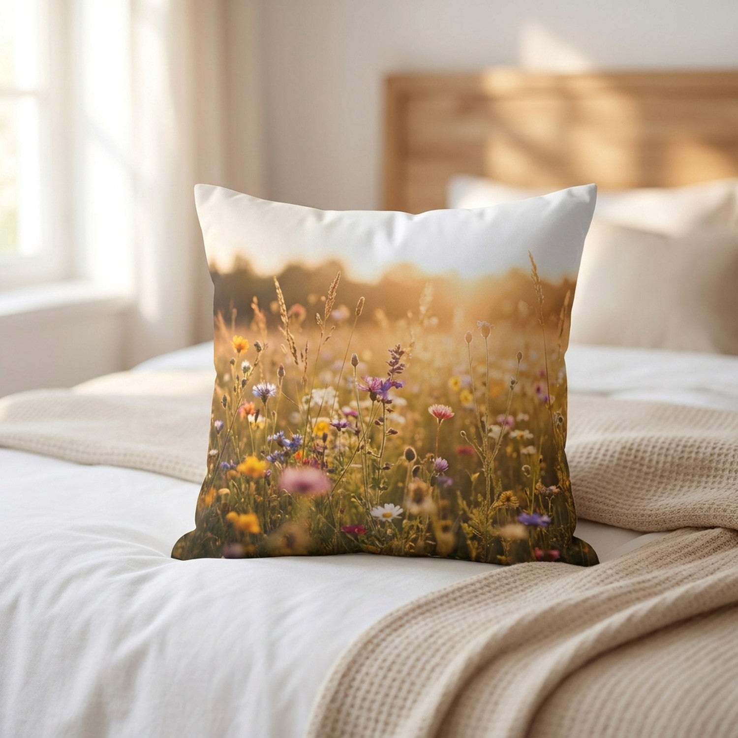 Coussin personnalisé imprimé avec une photo de fleurs posé sur un lit lumineux