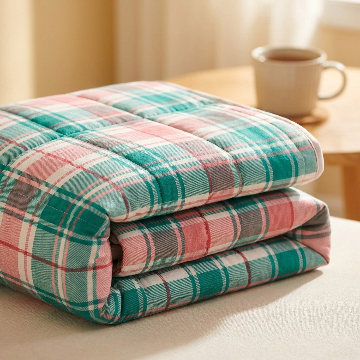 Couverture chauffante pliée montrant le tissu doux au motif tartan vert et rose