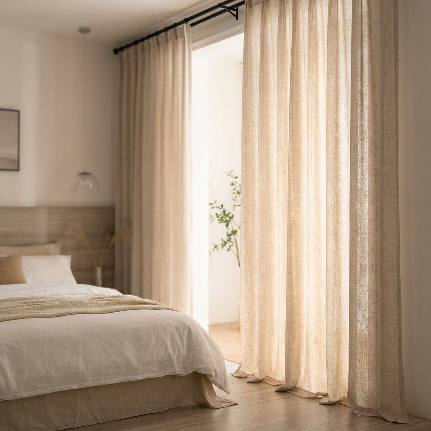 Rideau japonais beige dans une chambre lumineuse près d'un lit