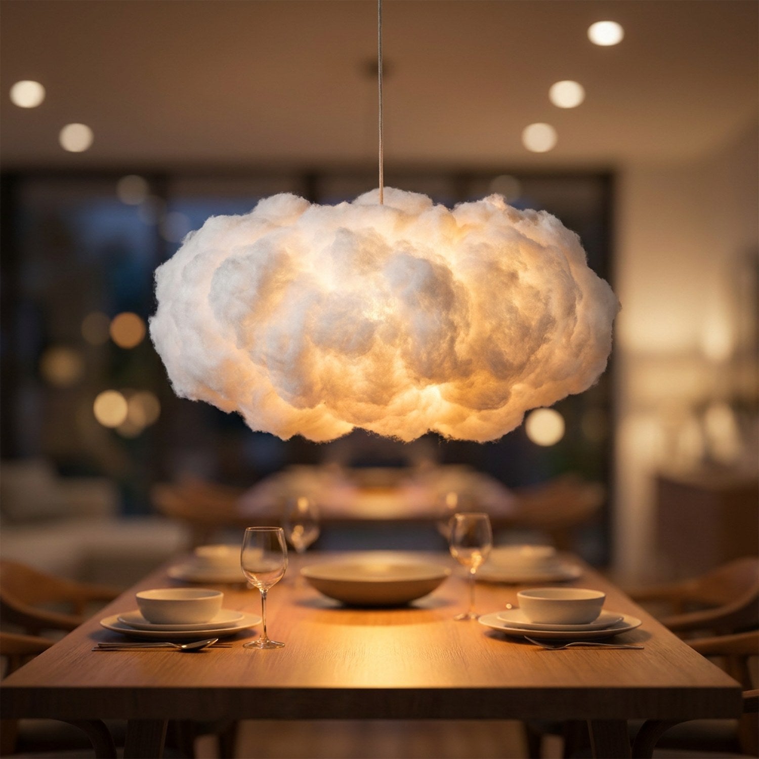Suspension nuage LED au-dessus d'une table à manger en bois le soir