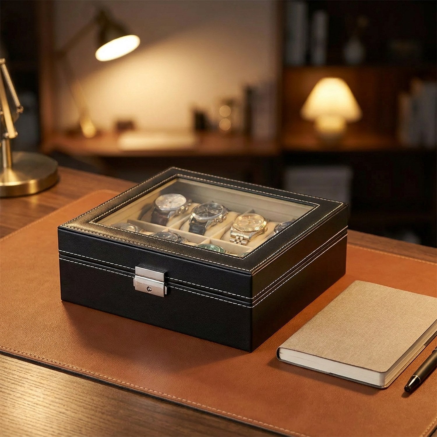Boîte à montres fermée sur un bureau avec montres visibles sous la vitre
