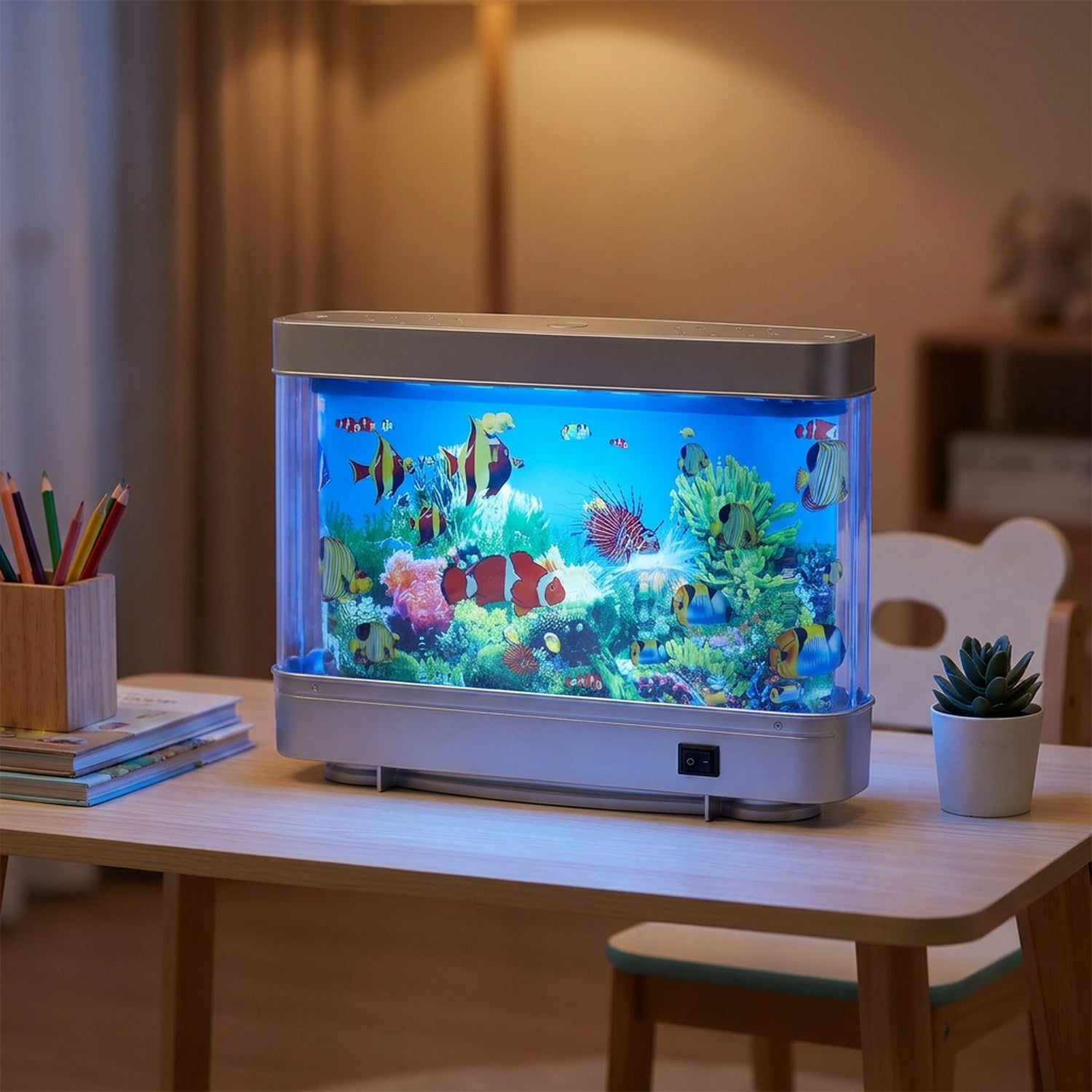Lampe aquarium virtuel posée sur un bureau d'enfant diffusant une lumière bleutée apaisante