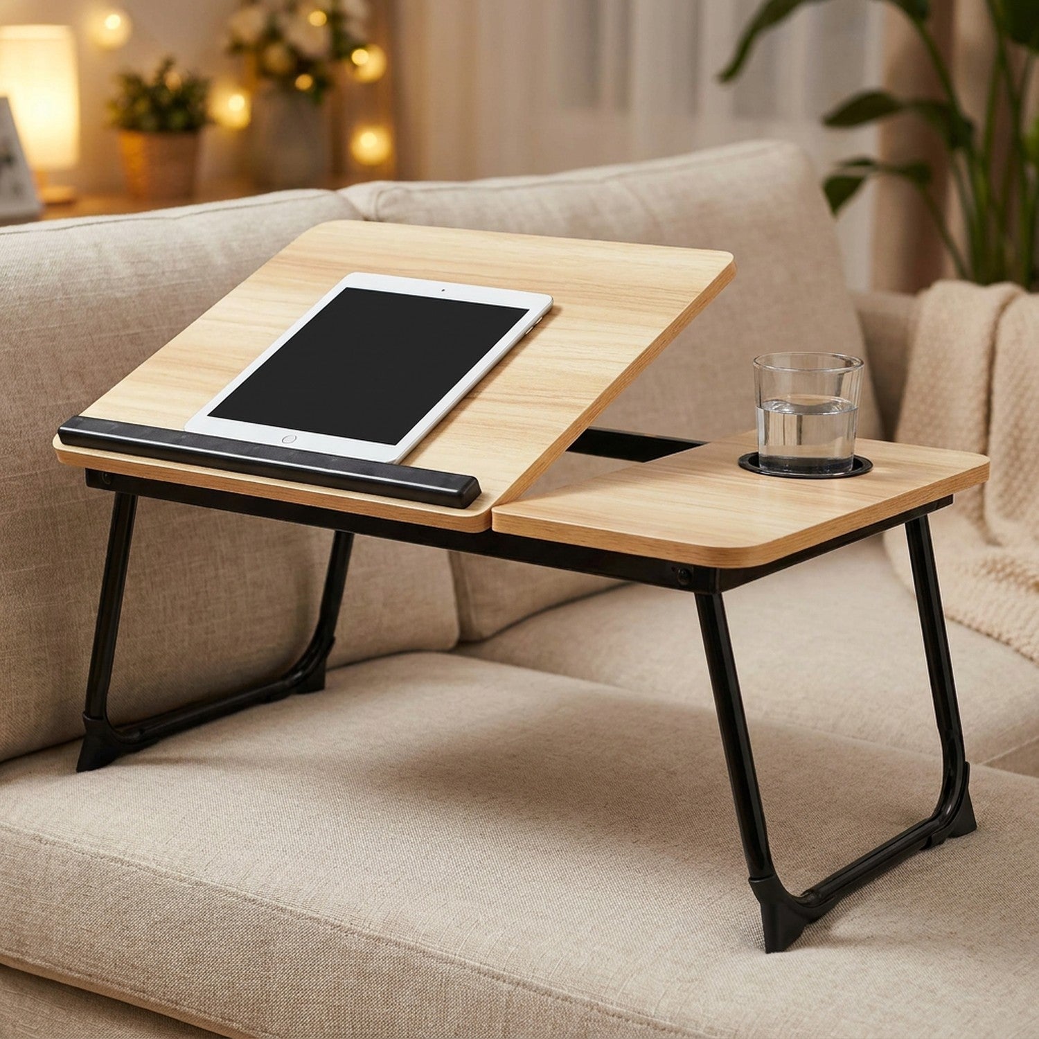 Table de lit en bambou avec une tablette et un verre d'eau posée sur un canapé