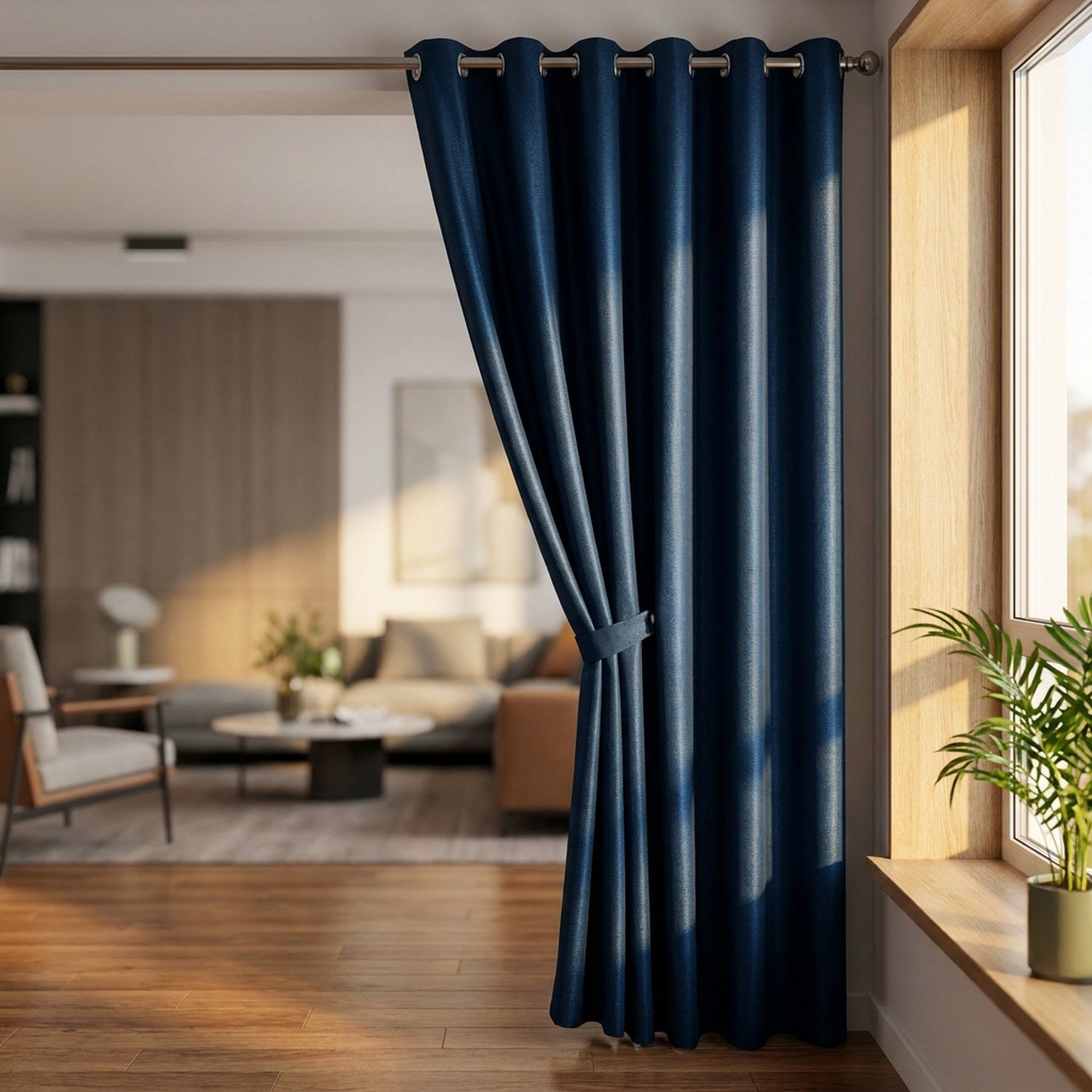 Rideau occultant thermique bleu foncé retenu par une embrasse près d'une plante