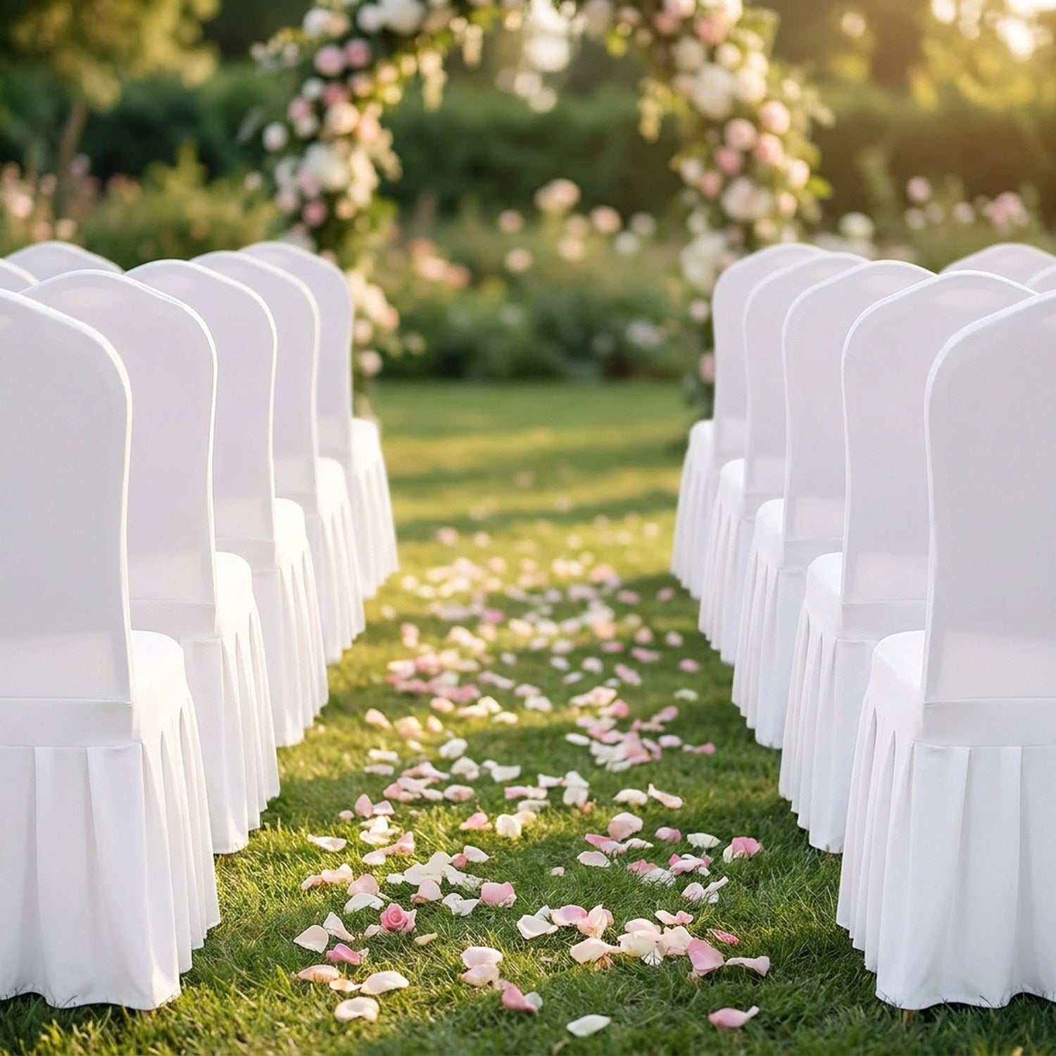 Allée de cérémonie extérieure bordée de chaises habillées de housses blanches