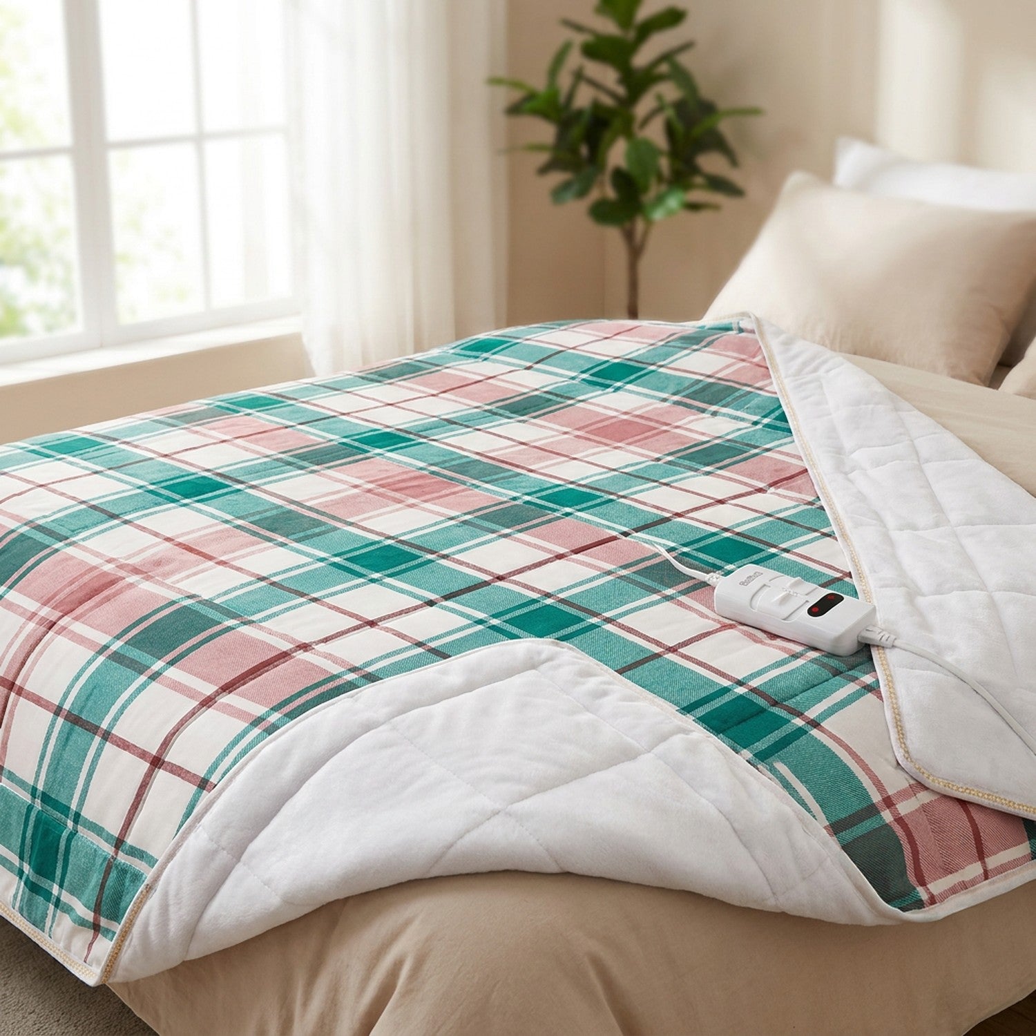 Couverture chauffante électrique dépliée sur un lit dans une chambre lumineuse