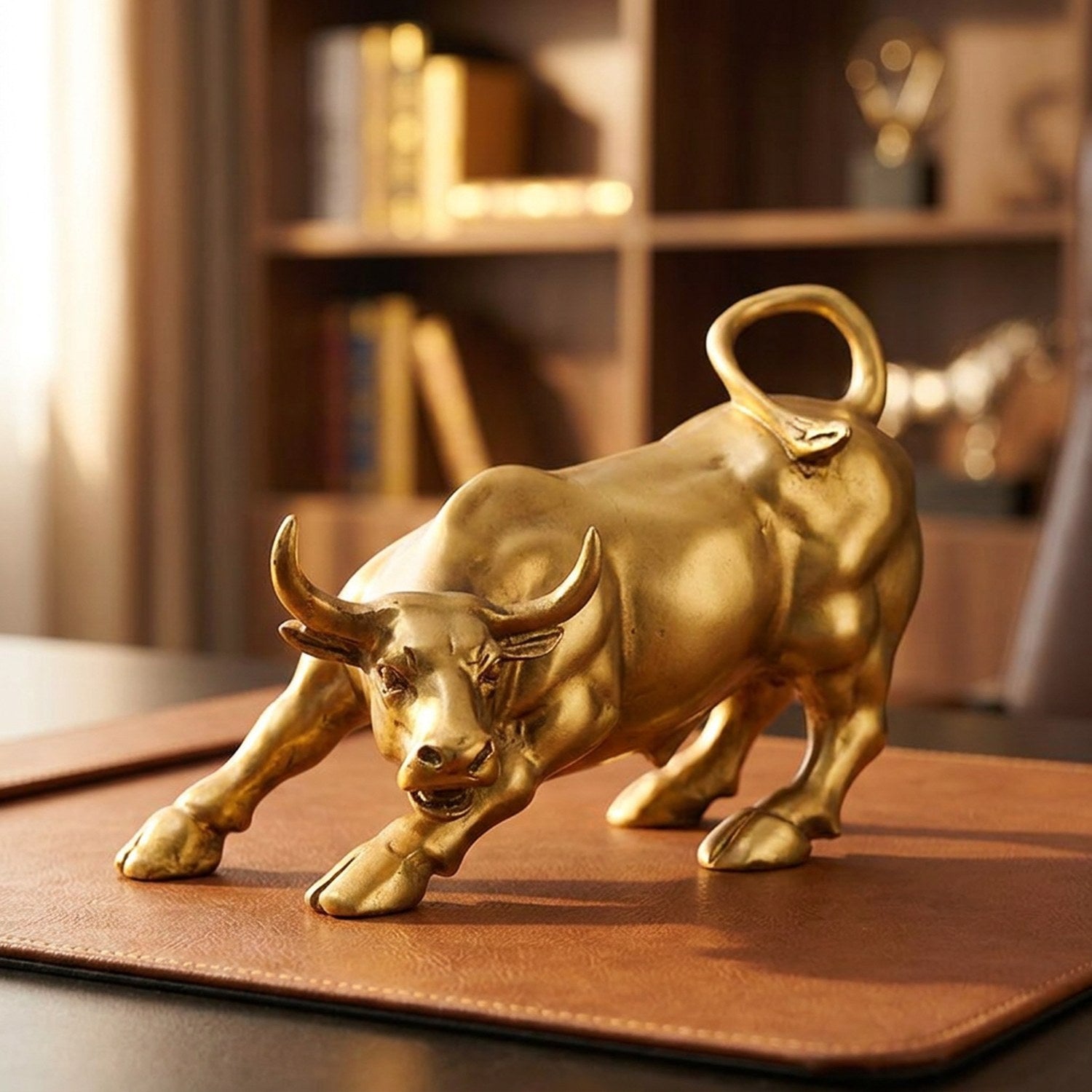 Statue taureau doré sur un sous-main en cuir dans un bureau chaleureux