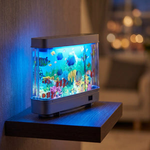 Gros plan de la lampe aquarium virtuel allumée sur une étagère avec reflets bleus sur le mur