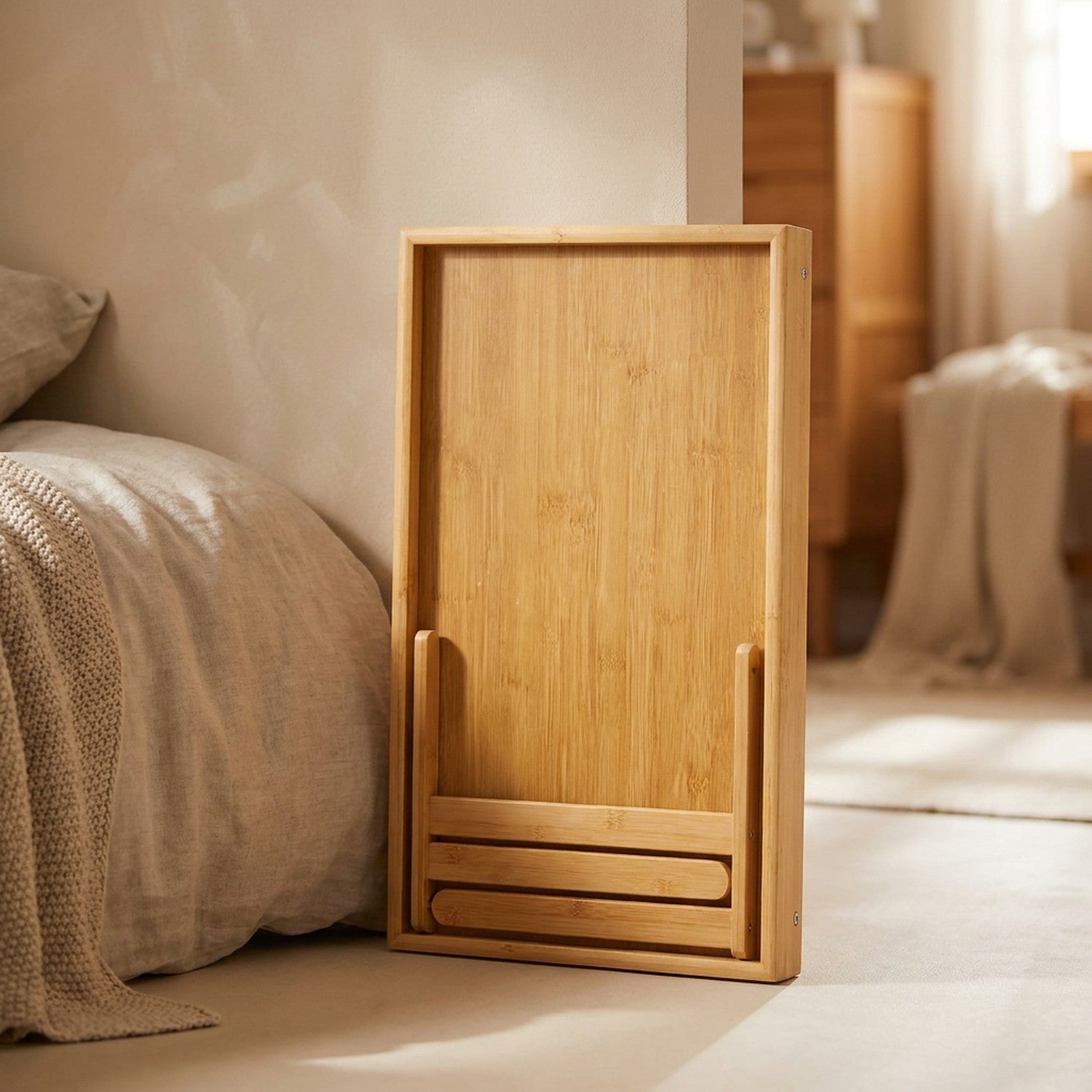 Plateau de lit en bambou aux pieds repliés rangé à plat contre un lit dans une chambre