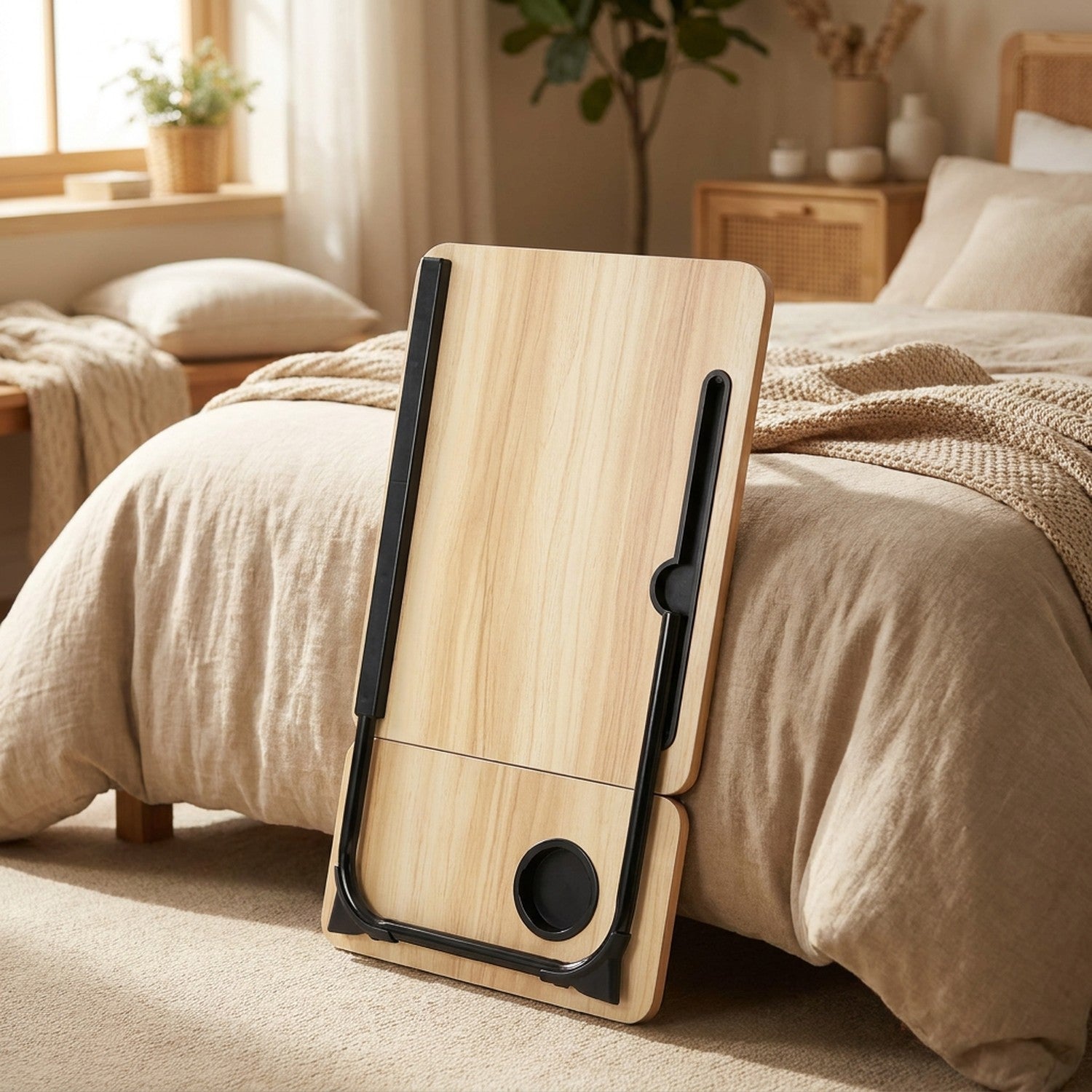 Table de lit en bambou aux pieds repliés rangée à plat contre un lit dans une chambre