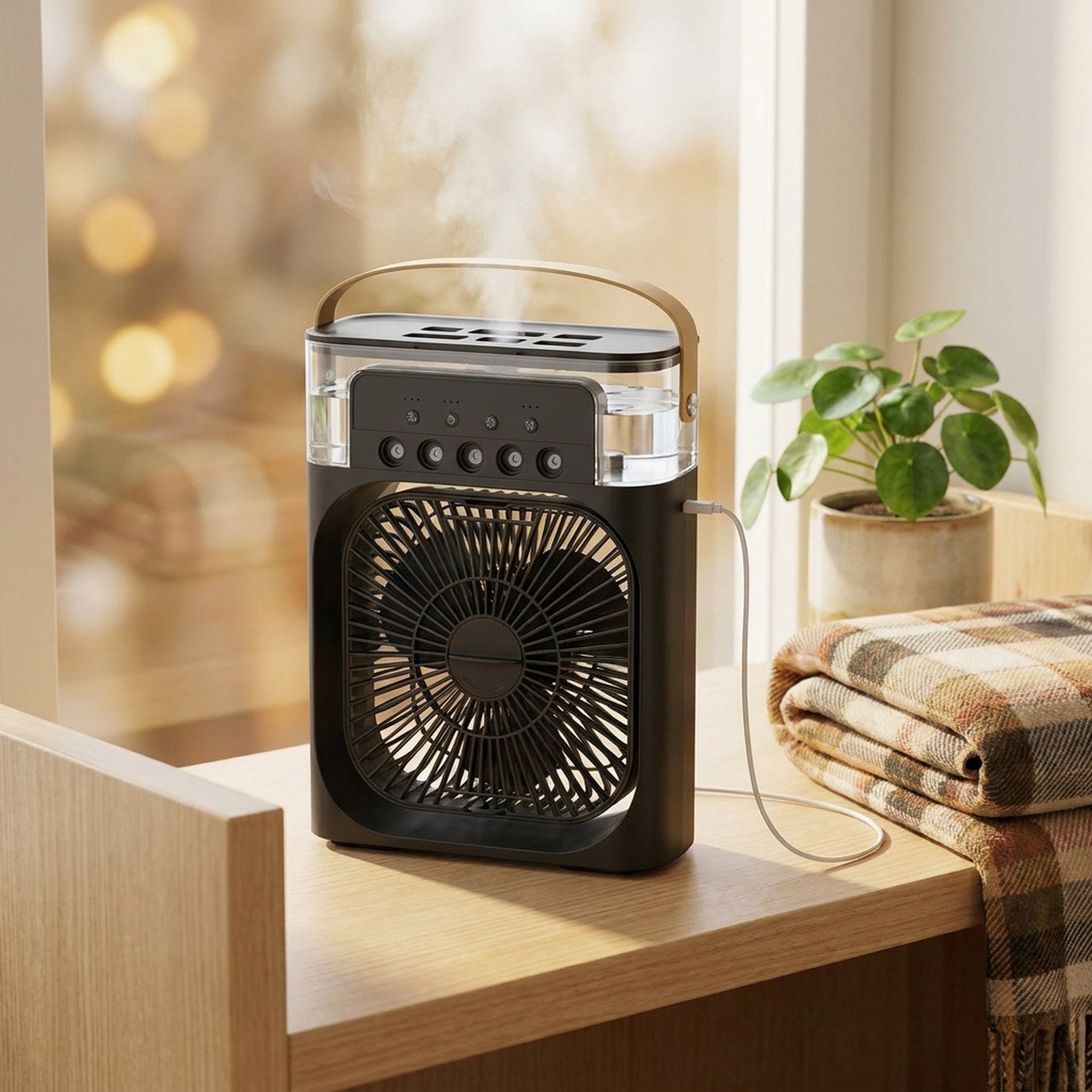 Ventilateur brumisateur noir posé sur une étagère avec une plante verte