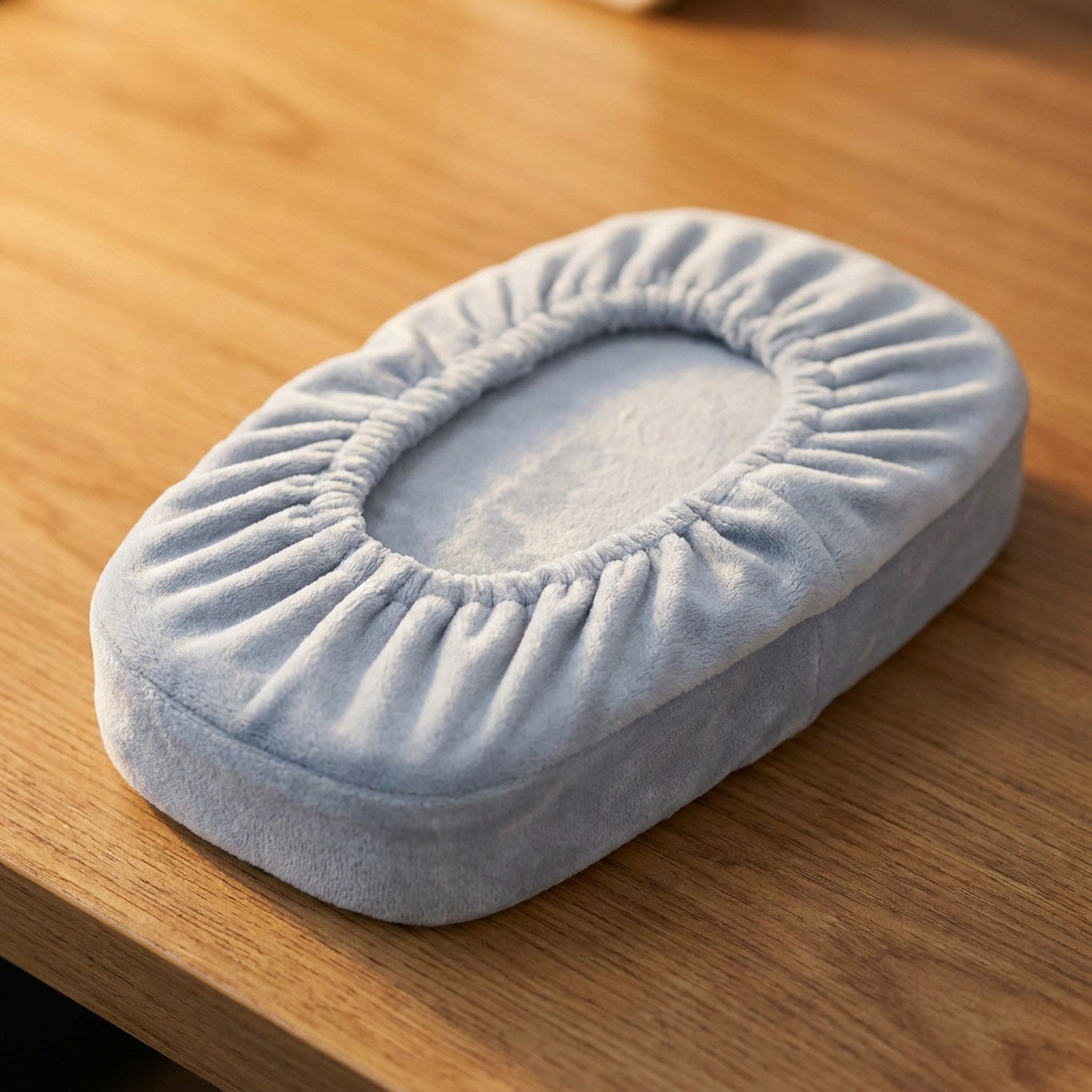 Détail de la housse d'accoudoir en velours gris et de sa bande élastique sur un bureau en bois