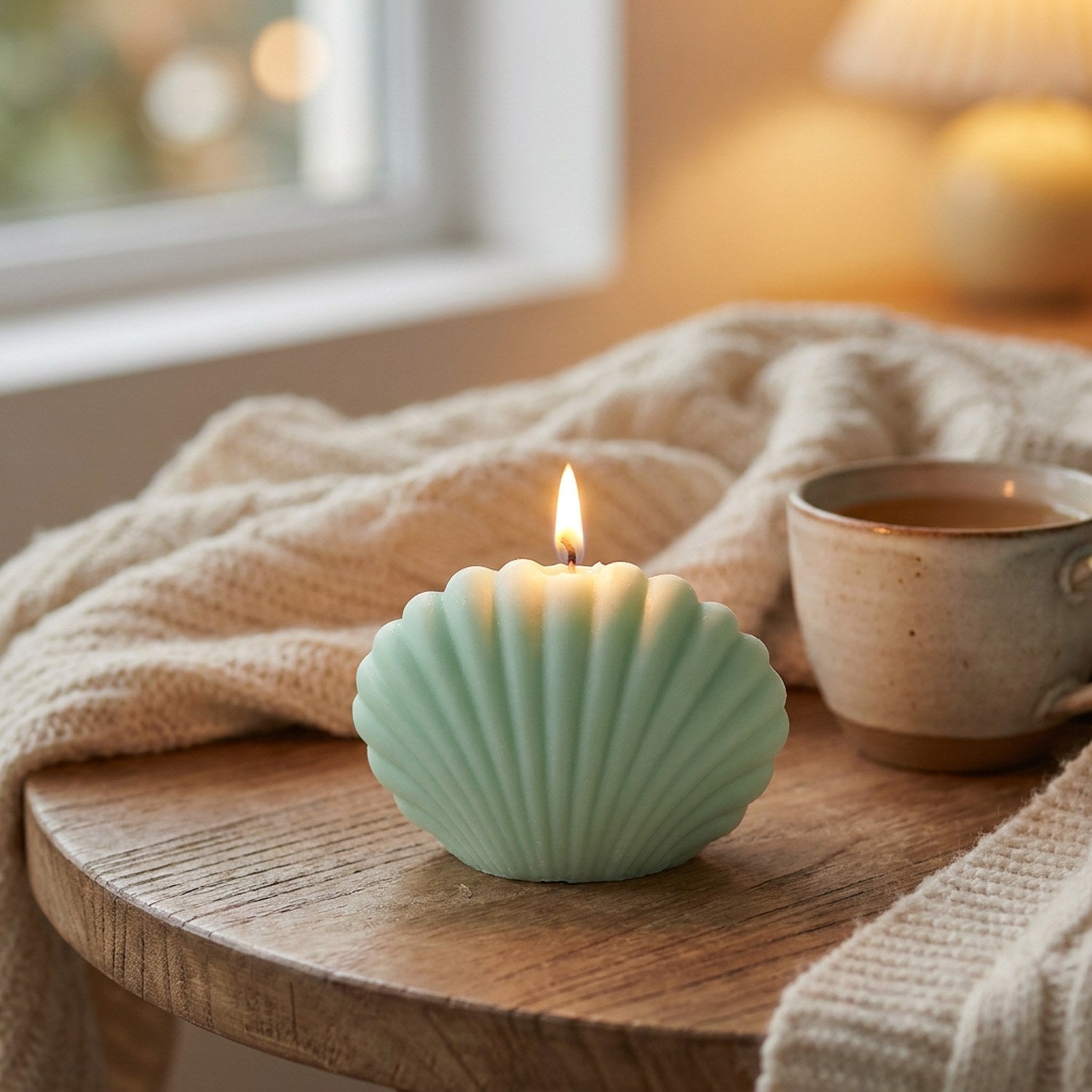 Bougie coquillage vert menthe allumée sur une table basse en bois avec un plaid