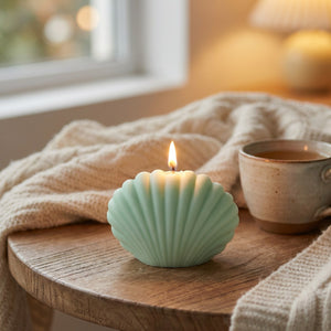Bougie coquillage vert menthe allumée sur une table basse en bois avec un plaid