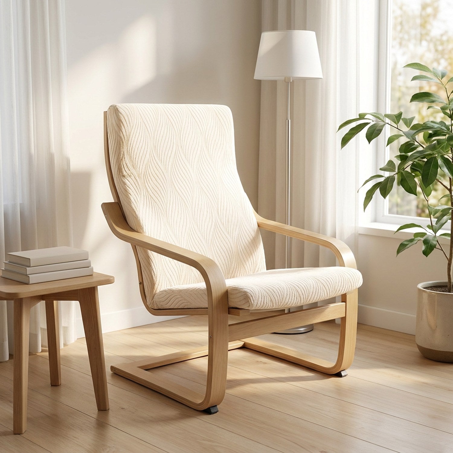Housse de fauteuil scandinave beige en jacquard ondulé dans un coin lecture lumineux