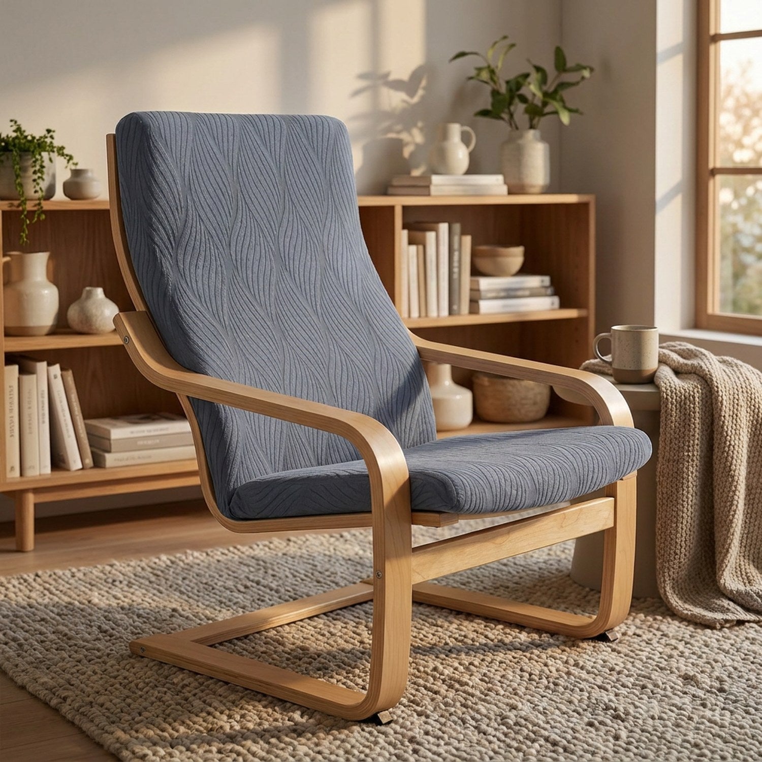 Housse de fauteuil scandinave gris ardoise dans un salon chaleureux