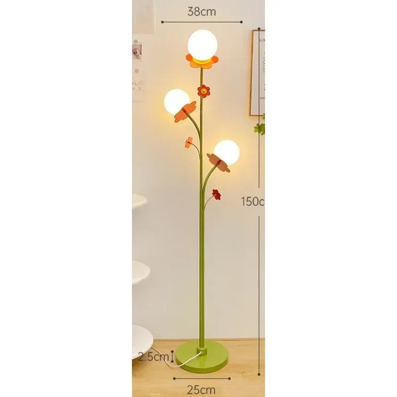 Lampadaire floral dimensions H150cm L38cm base Ø25cm schéma technique