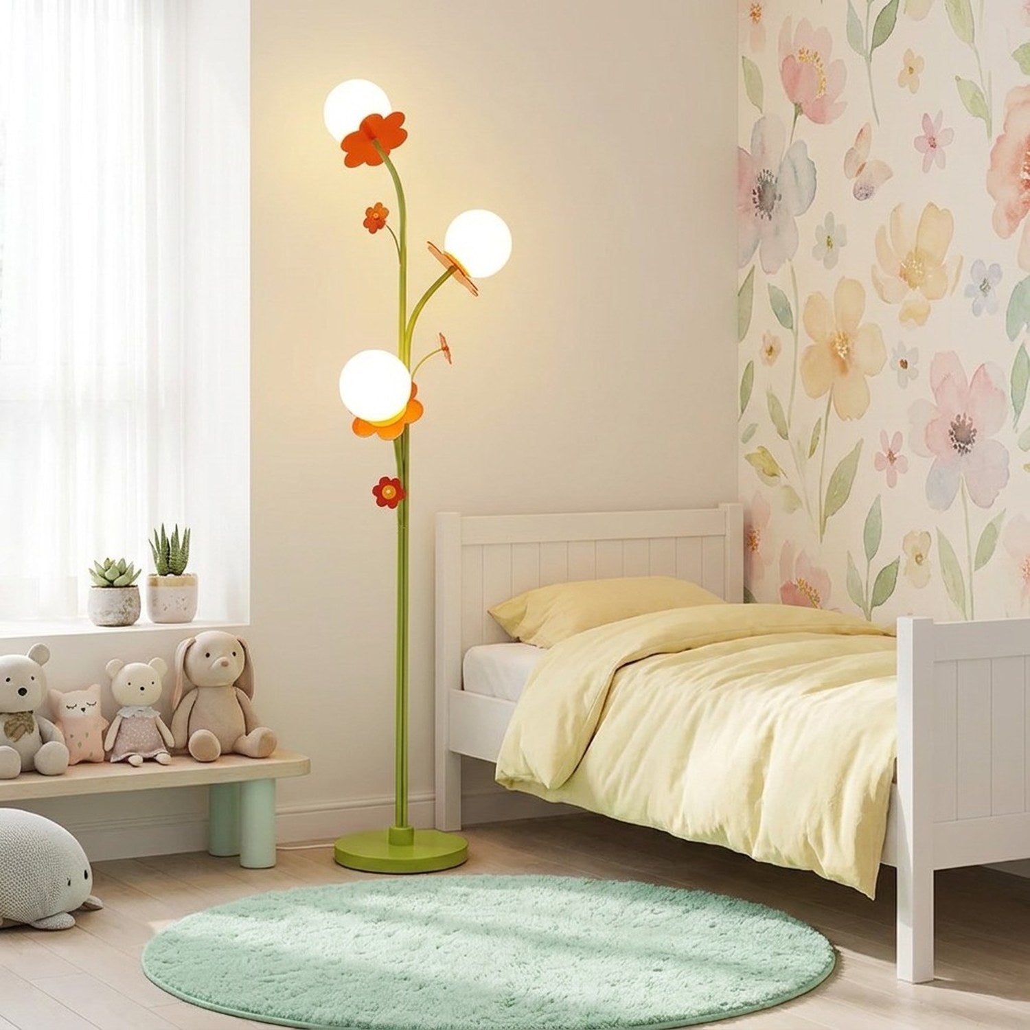 Lampadaire floral chambre enfant lit blanc tapis menthe décor floral mural