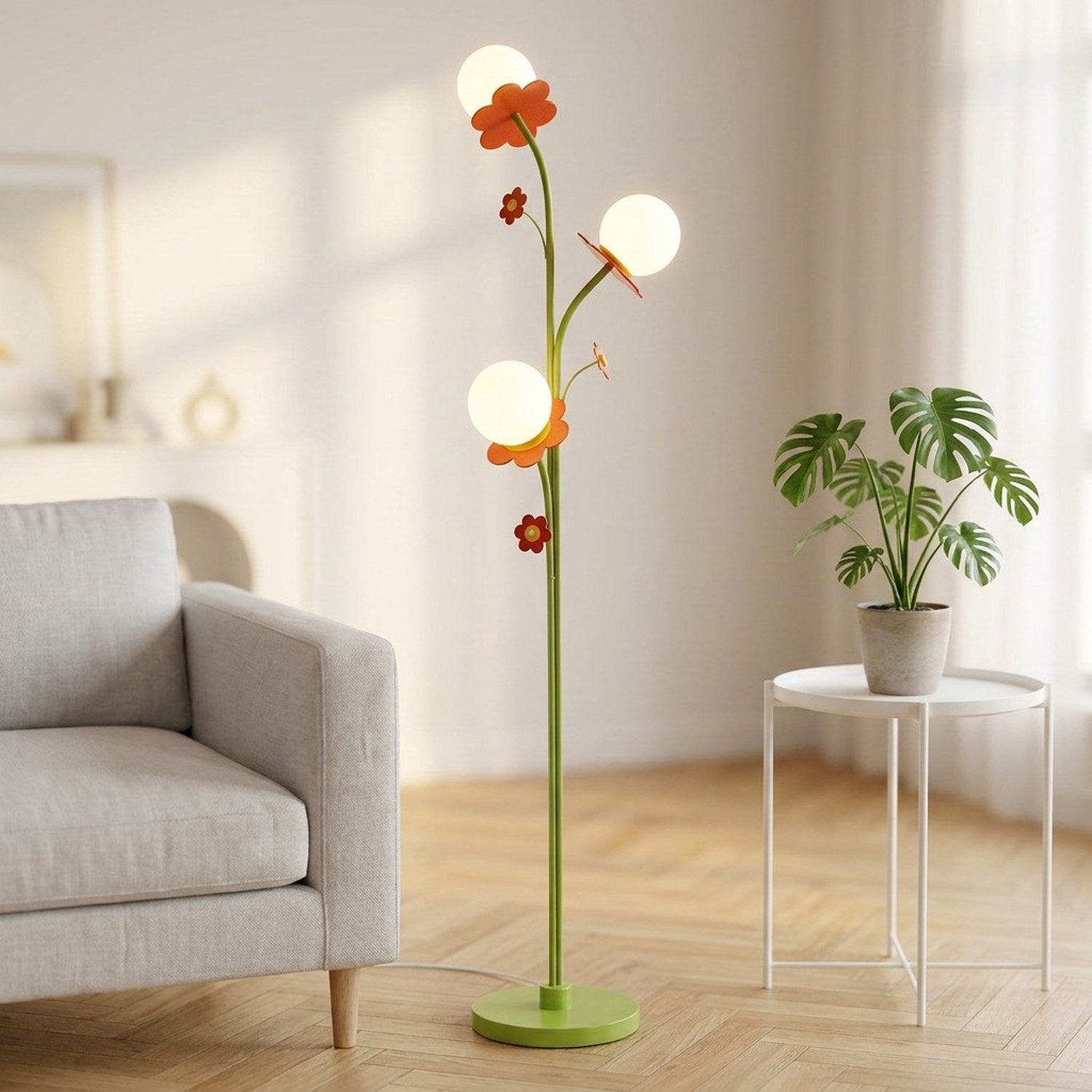 Lampadaire floral 3 globes tige fer forgé vert salon contemporain ambiance chaleureuse