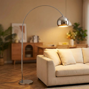 Lampadaire arc argenté grand modèle abat-jour sphérique 24cm allumé
