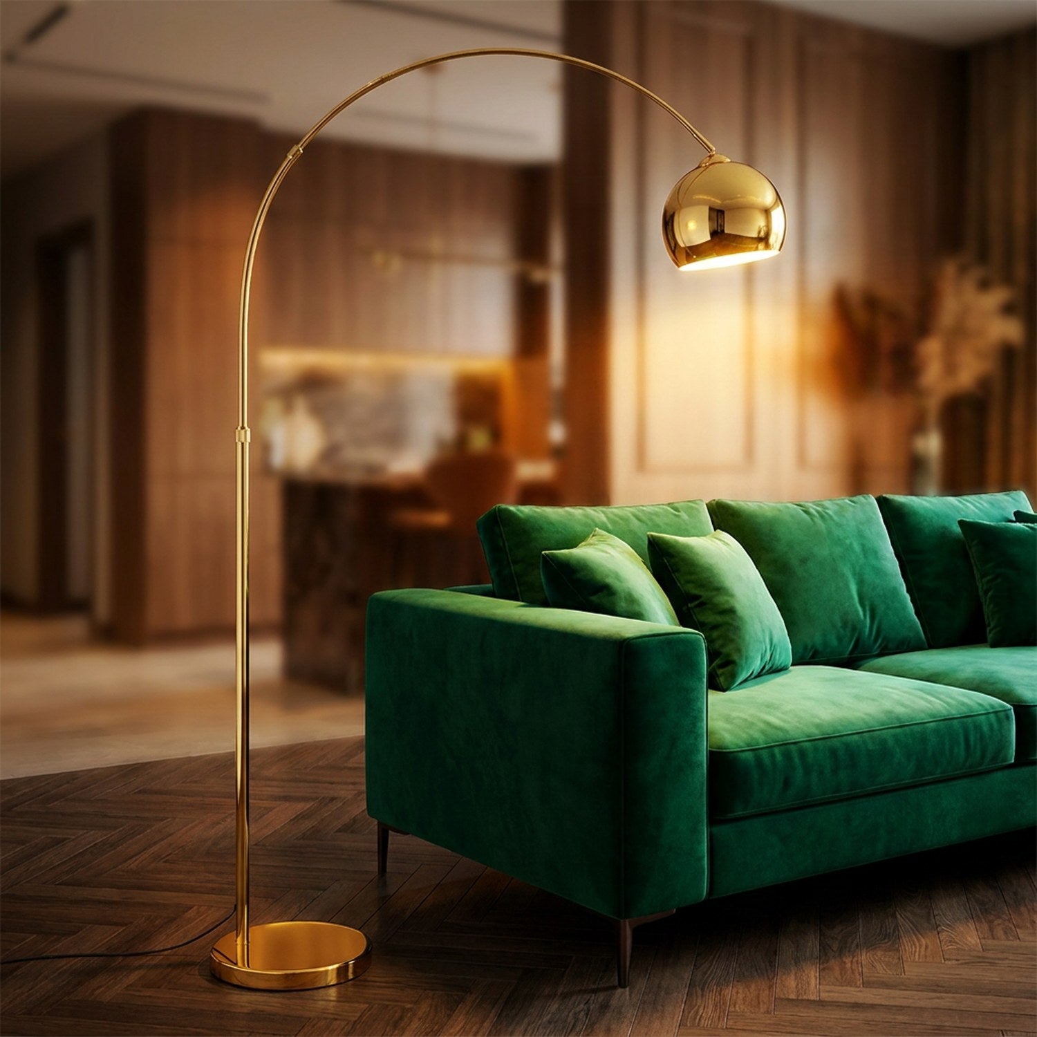 Lampadaire arc doré grand modèle abat-jour sphérique 24cm salon luxe