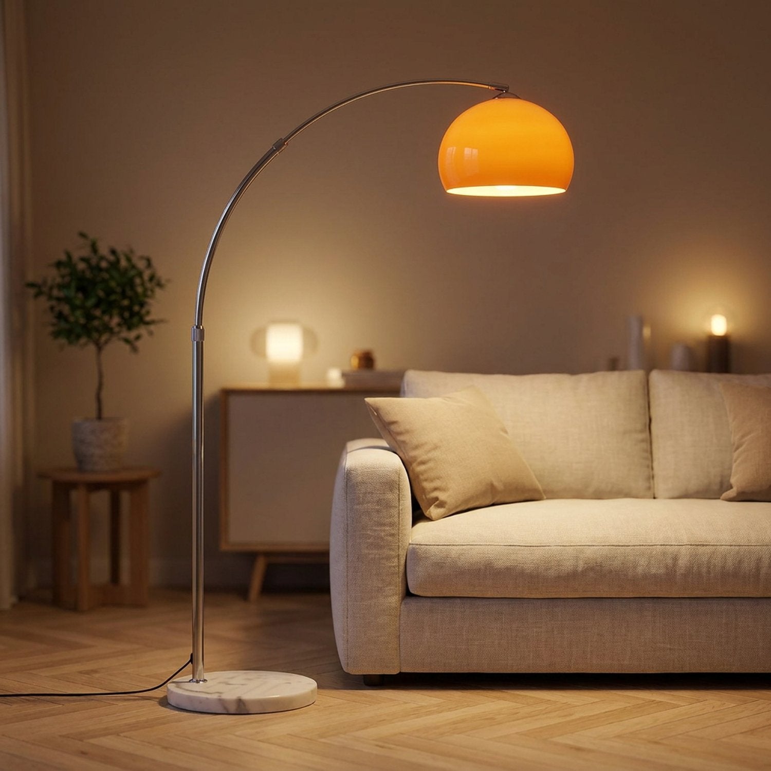 Lampadaire arc globe verre orange allumé salon nordique base marbre