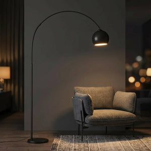 Lampadaire arc noir petit modèle abat-jour sphérique 20cm ambiance