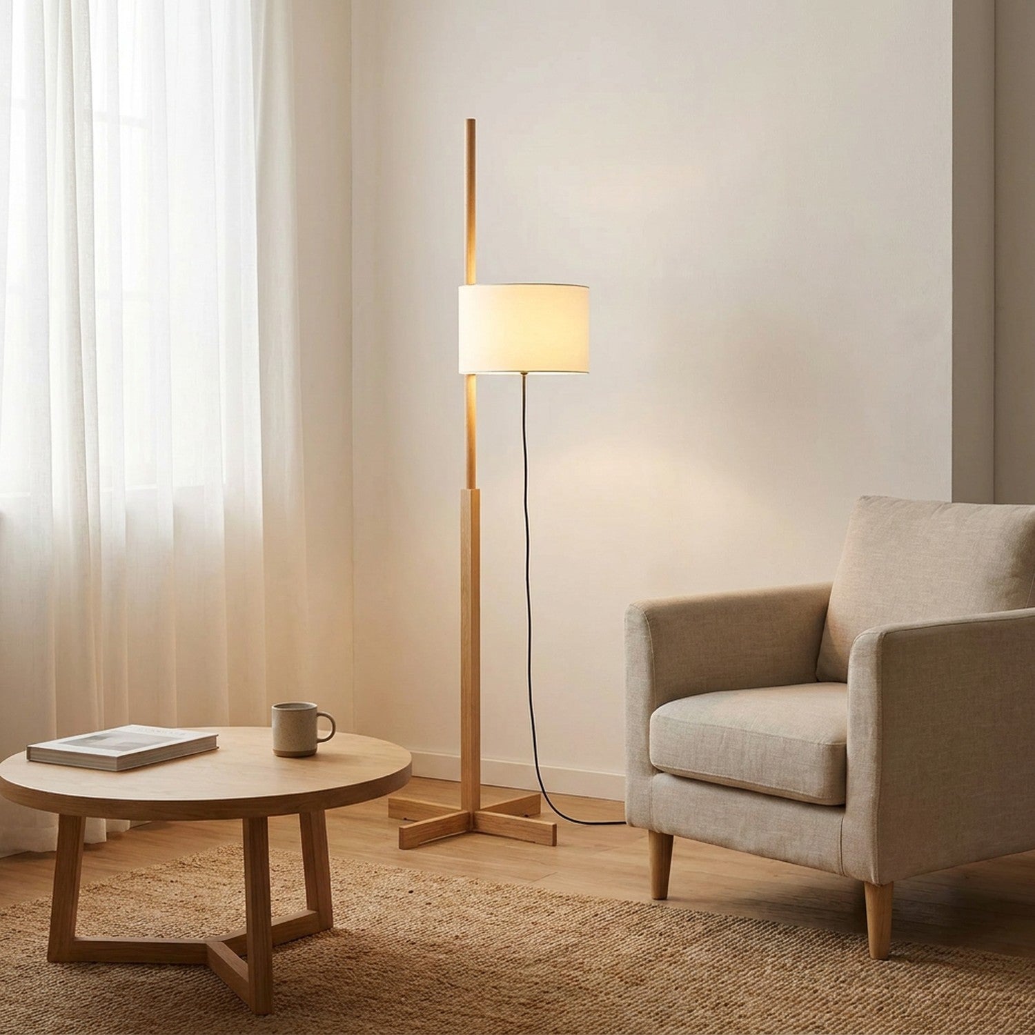 Coin lecture avec lampadaire japonais abat-jour tissu et fauteuil en osier