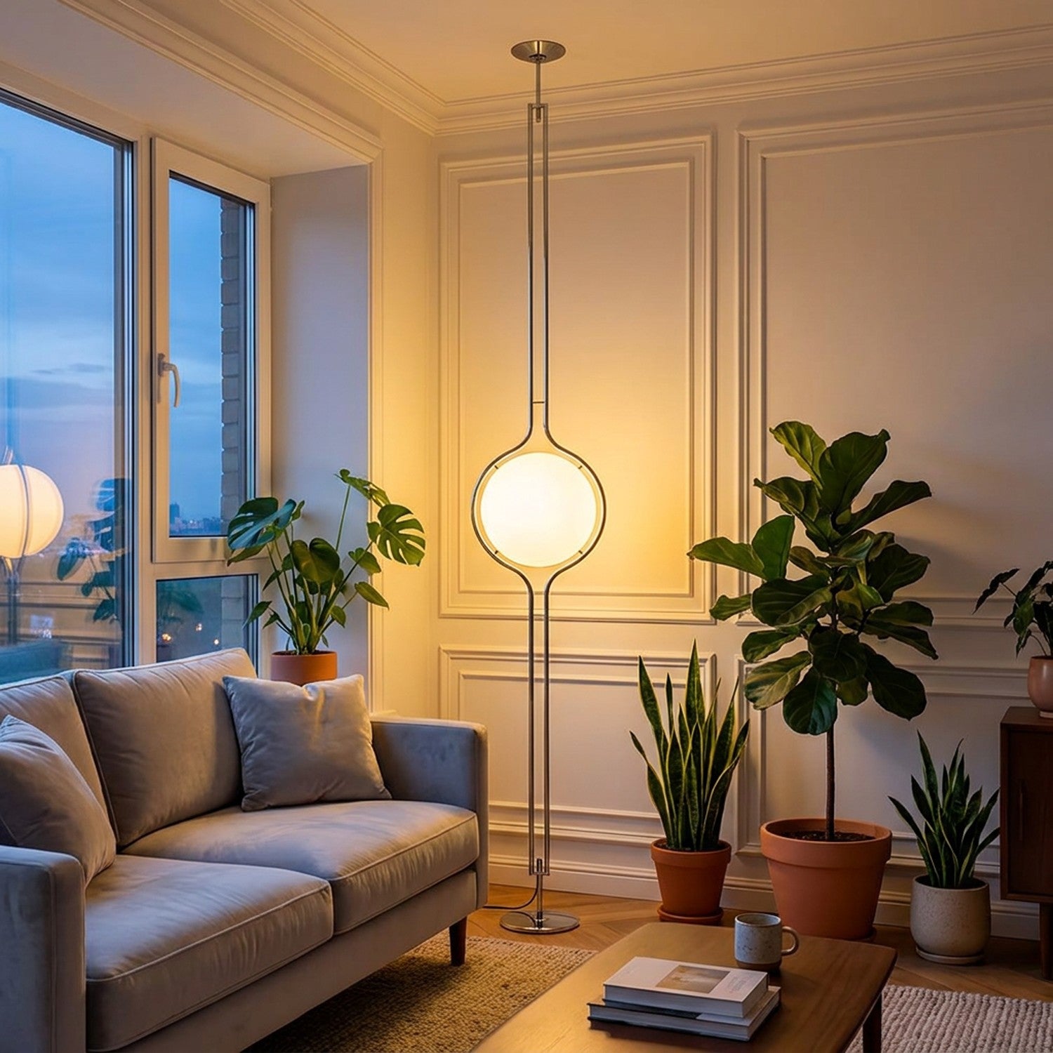 Lampadaire boule chromé ambiance salon dusk lumière douce