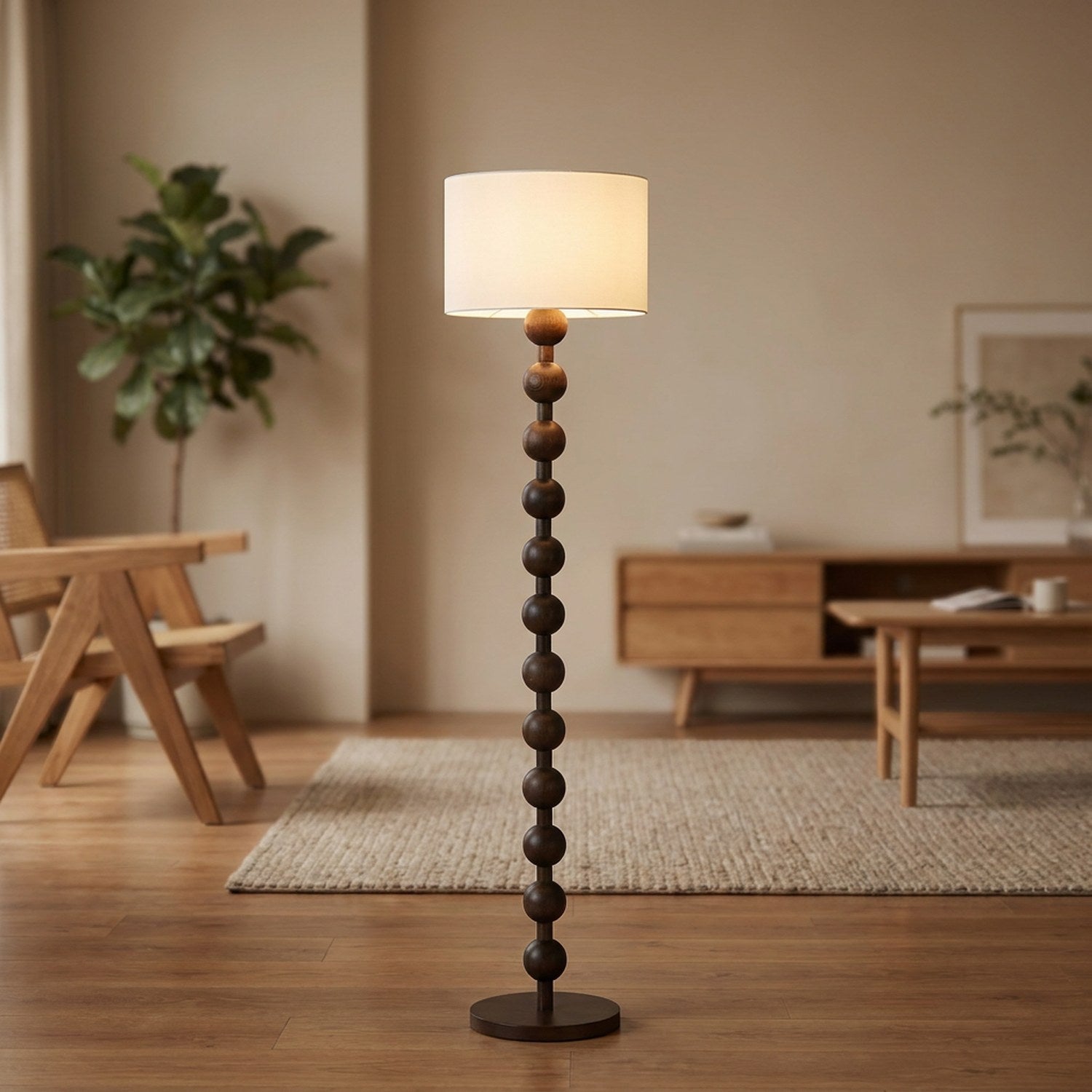 Lampadaire boulier bois foncé espresso, abat-jour tissu blanc