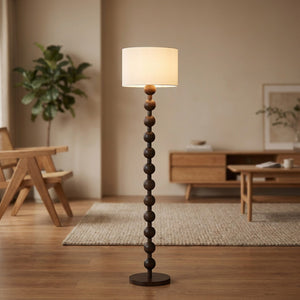 Lampadaire boulier bois foncé espresso, abat-jour tissu blanc