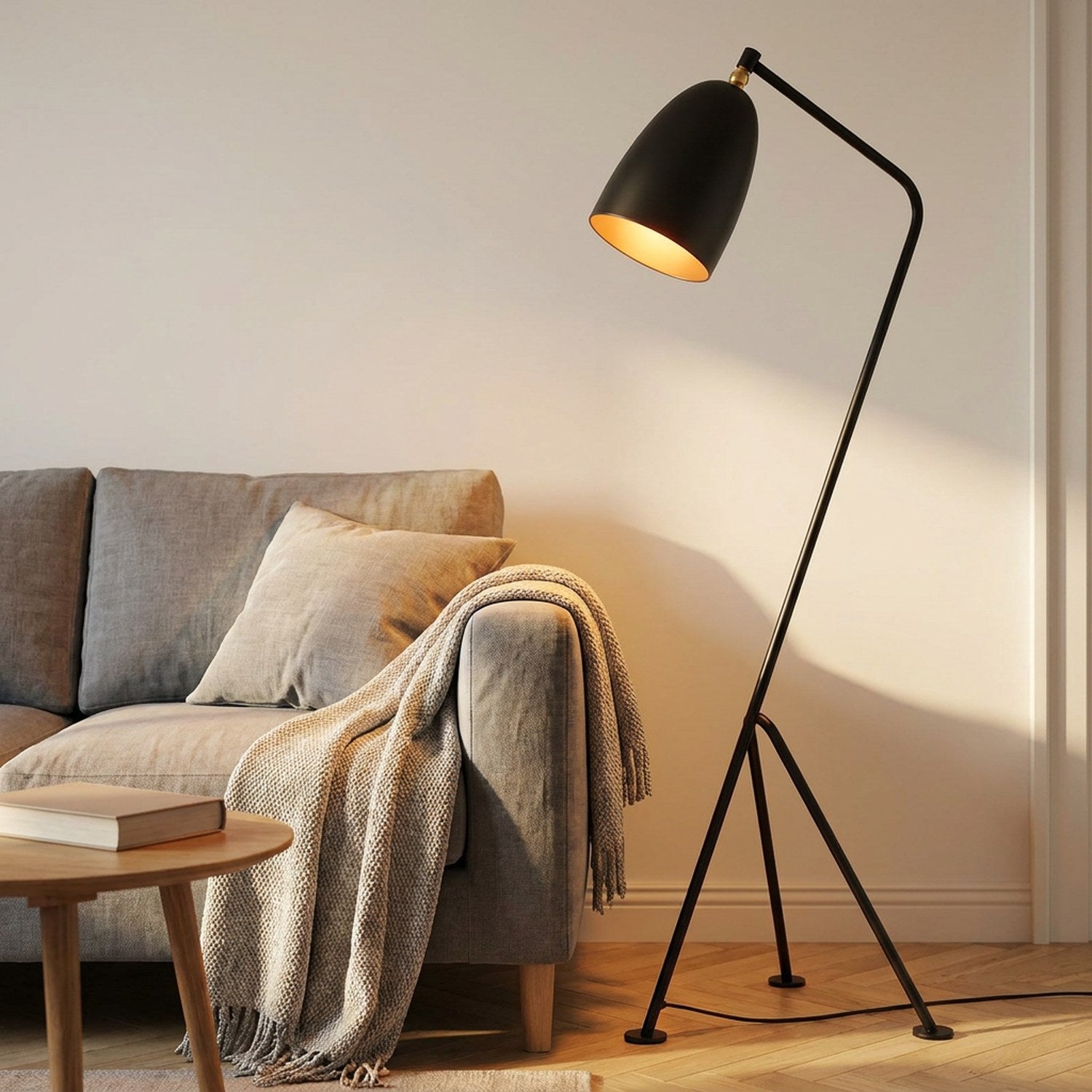 Lampadaire grasshopper noir posé près d'un canapé gris dans un salon scandinave