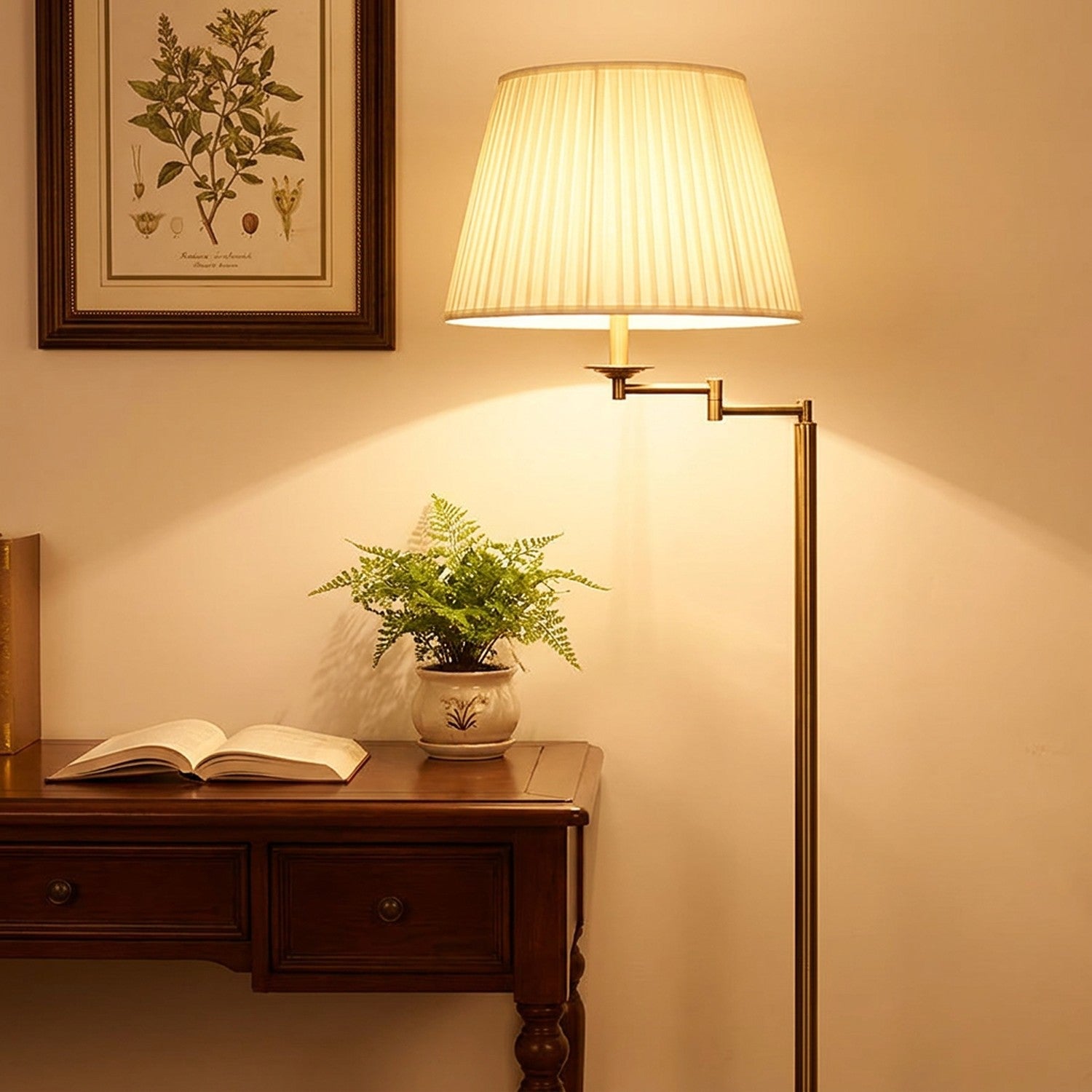 Lampadaire bras articulé laiton antique bureau bois classique lumière chaude