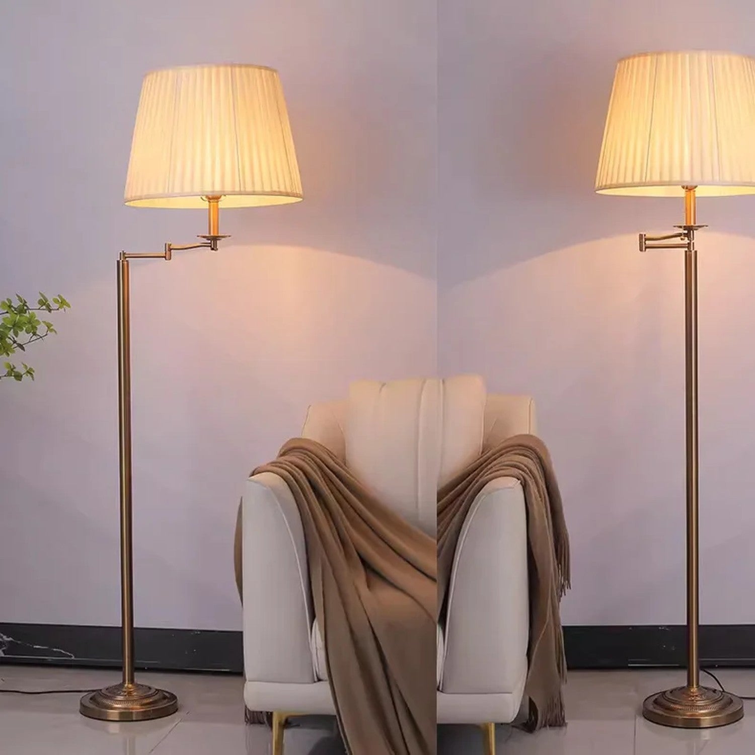 Lampadaire sur pied laiton antique abat-jour crème plissé double vue allumé et éteint