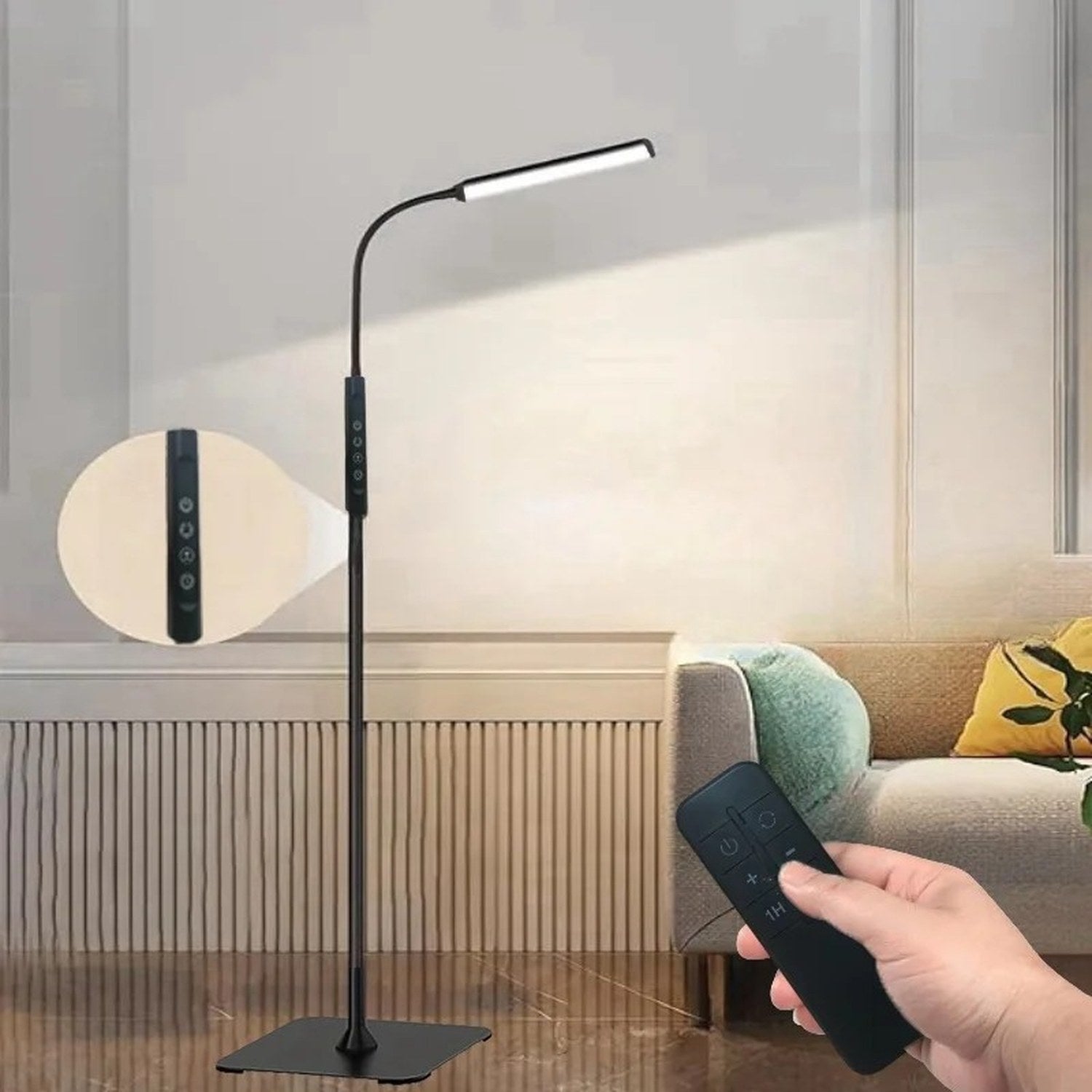 Lampadaire LED flexible avec télécommande dans un intérieur moderne