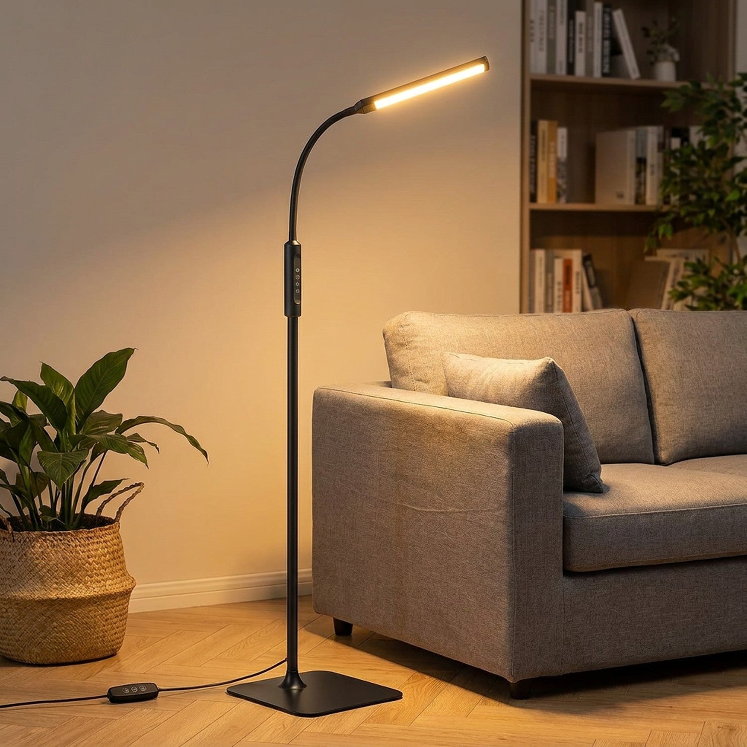 Lampadaire LED flexible sur pied noir mat dans un salon moderne
