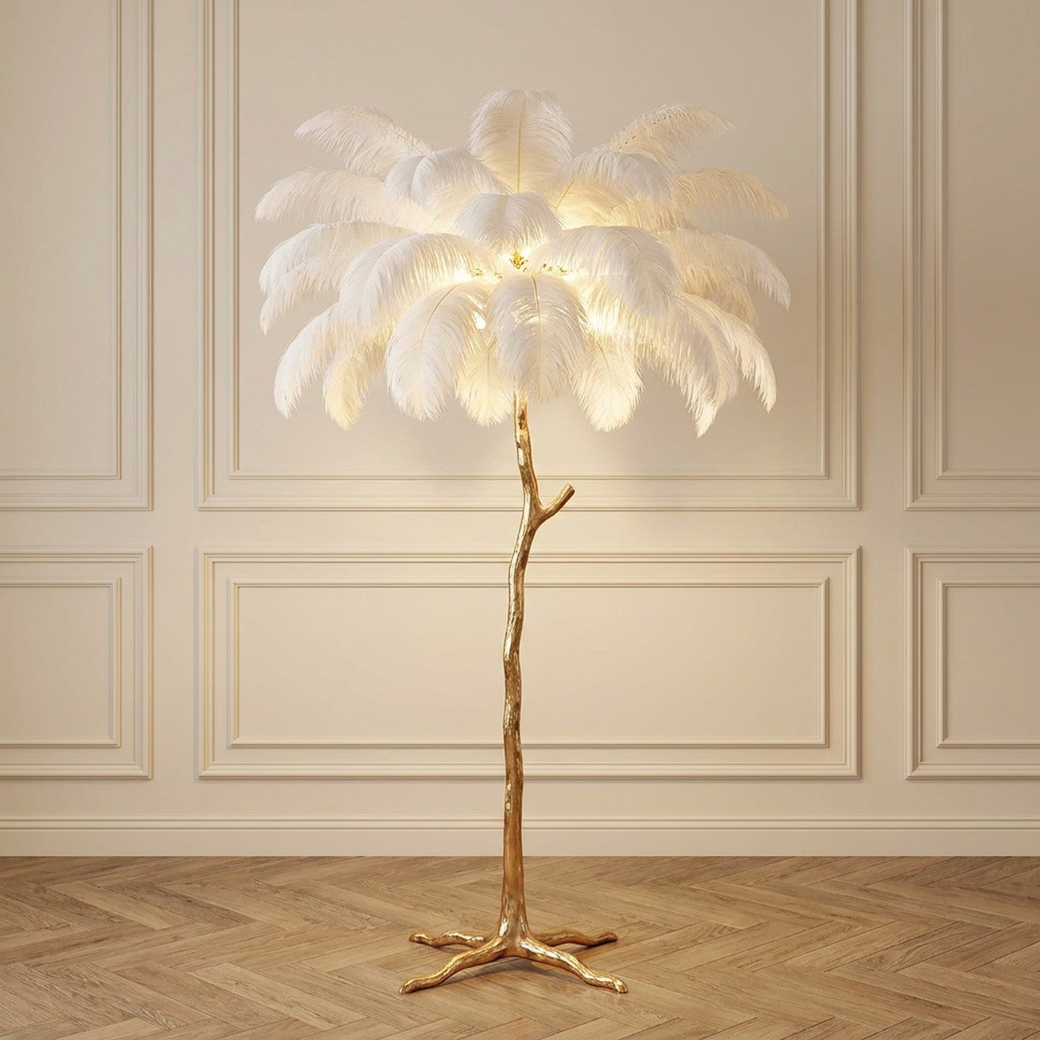 Lampadaire plumes d'autruche blanc 120 cm corps doré