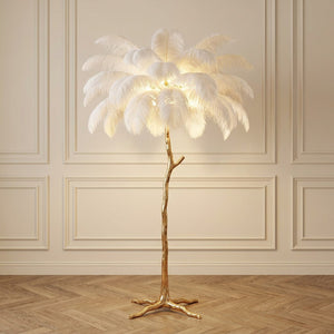 Lampadaire plumes d'autruche blanc 120 cm corps doré