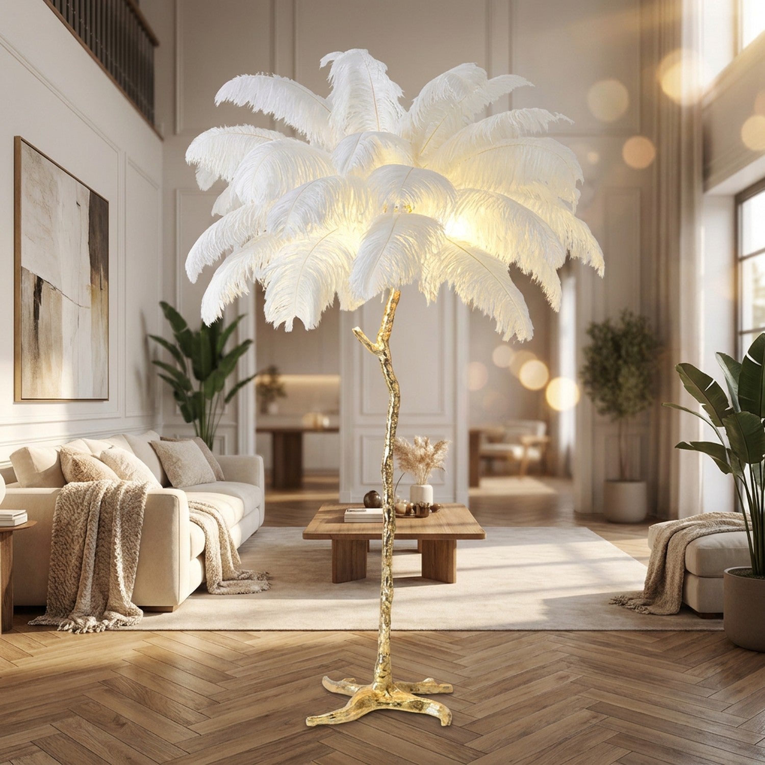 Lampadaire plumes d'autruche blanc 200 cm corps doré grand format