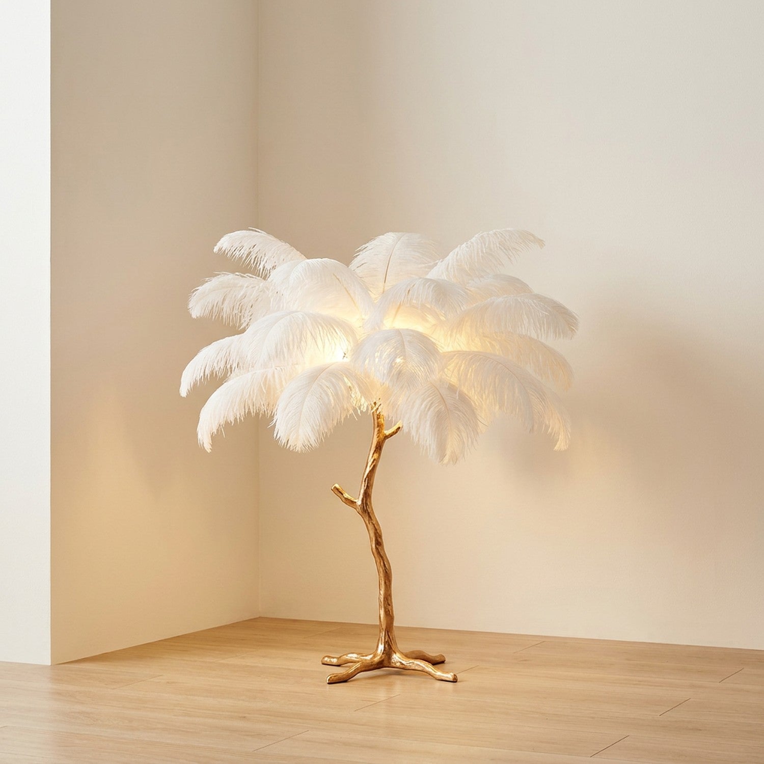 Lampadaire plumes d'autruche blanc 60 cm corps doré