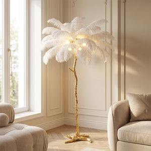 Lampadaire plumes d'autruche blanc dans salon nordique lumineux