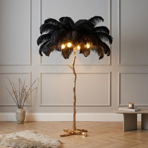 Lampadaire plumes d'autruche noir corps doré nordique