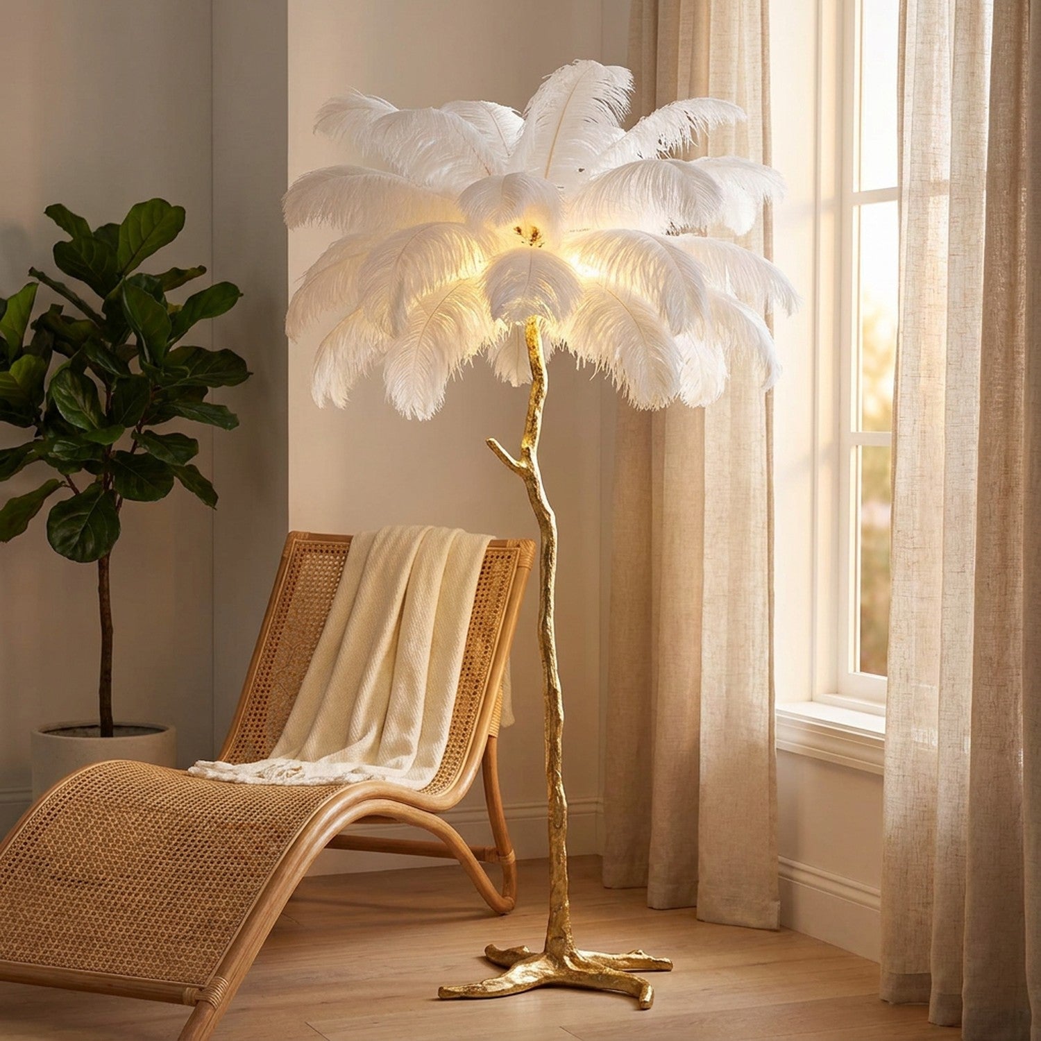 Lampadaire plumes d'autruche dans un coin lecture avec fauteuil en rotin près d'une fenêtre