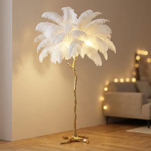 Lampadaire plumes d'autruche blanches effet palmier sur base dorée